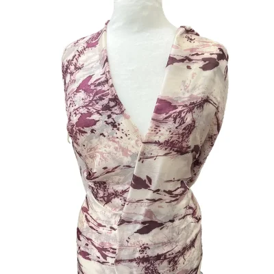 Voile in pura seta a fantasia astratta floreale viola - bianco Alt.140 cm