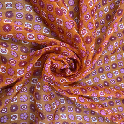 voile goffrato seta pattern fiori arancio rosa
