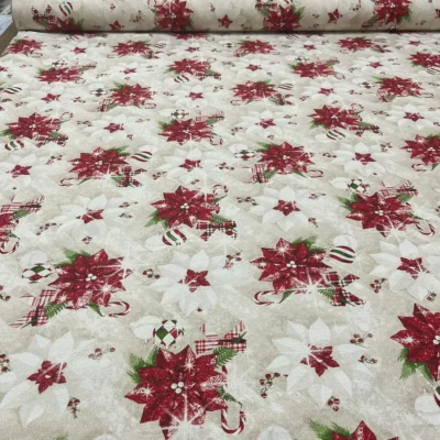 Tessuto Tovagliato Natalizio in Lam&egrave; a Fantasia con Fiori (1)