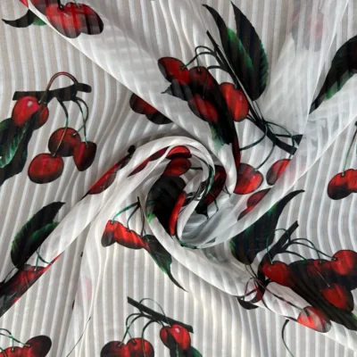 Scampoli di voile jacquard rigato stampa ciliegie 1