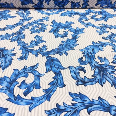 Tessuto bielastico bianco e fiori blu Made in Italy Alt.140 cm
