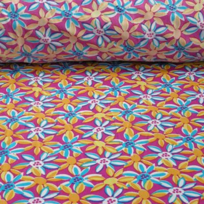 Tessuto bielastico fantasia fiorellini - sfondo fucsia Alt. 155 cm