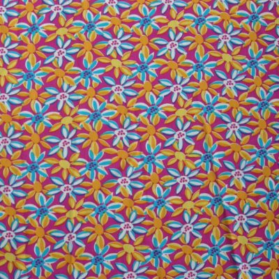 Tessuto bielastico fantasia fiorellini - sfondo fucsia Alt. 155 cm