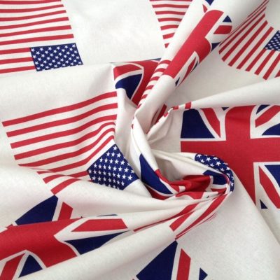 Tessuto arredo in cotone motivo bandiera inglese e usa - sfondo bianco
