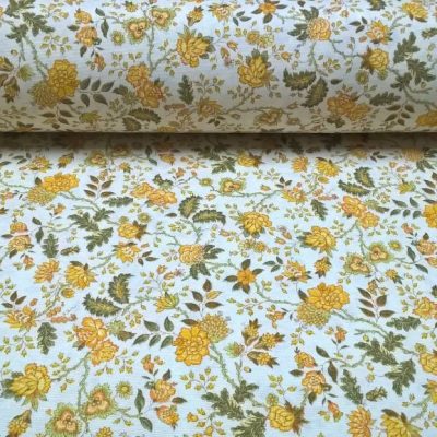 Tessuto in misto cotone fantasia fiori ad effetto vintage bianco e giallo