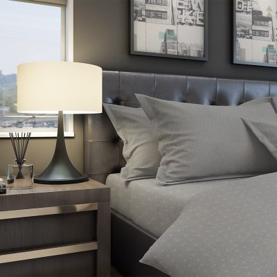 Rasatello di cotone motivo pois bianco - tortora Alt.300 cm