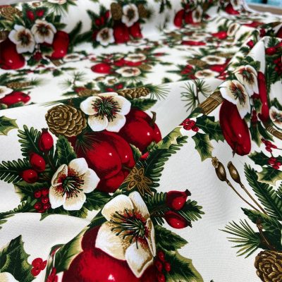 Tessuto per tovaglia Bottaro in puro cotone con fantasia natura natalizia 1