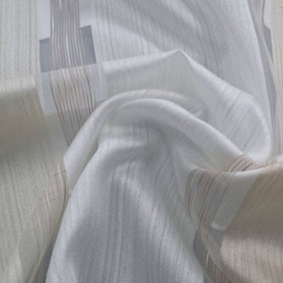 Tendaggio a fasce verticali e righe tortora - avorio e crema