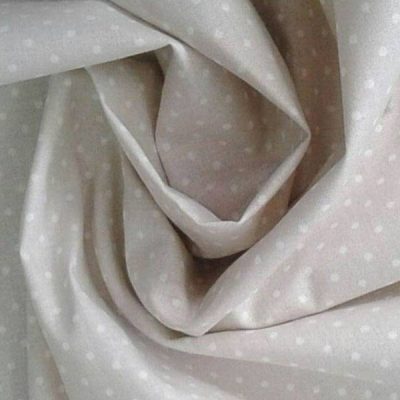 Tessuto rasatello di cotone motivo pois bianco - tortora