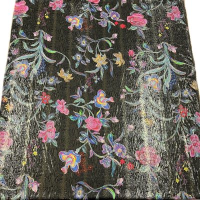 Seta alta moda fantasia floreale con lurex oro argento con sfondo nero 1