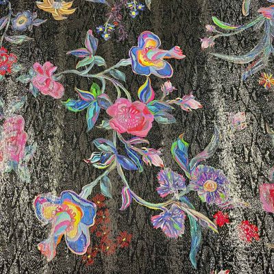 Seta alta moda fantasia floreale con lurex oro argento con sfondo nero 8