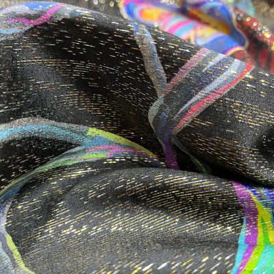 Seta alta moda fantasia floreale con lurex oro argento con sfondo nero 2
