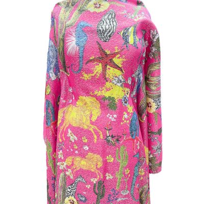 Tessuto alta moda sfondo fucsia e lurex in pura seta fauna e flora 5
