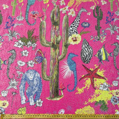 Tessuto alta moda sfondo fucsia e lurex in pura seta fauna e flora 3