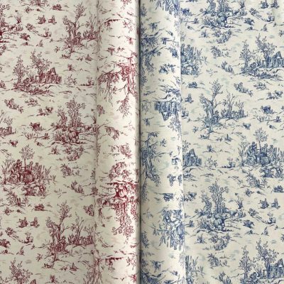Tessuto in puro cotone Toile de jouy in stile campestre azzurro bordeaux 9