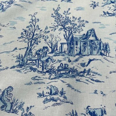 Tessuto in puro cotone Toile de jouy in stile campestre azzurro bordeaux 3