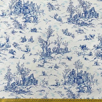 Tessuto in puro cotone Toile de jouy in stile campestre azzurro bordeaux 2