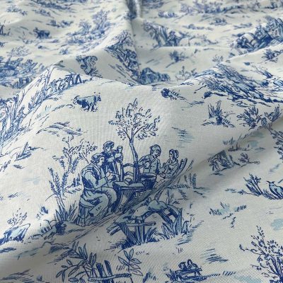 Tessuto in puro cotone Toile de jouy in stile campestre azzurro bordeaux 1