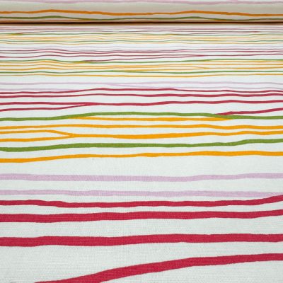 Tessuto da arredamento in cotone a righe rosso verde arancione e lilla 4