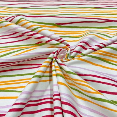 Tessuto da arredamento in cotone a righe rosso verde arancione e lilla 1