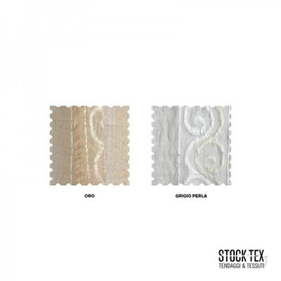 Galleria varianti Scampolo tessuto per tende in organza a righe e ghirigori grigio oro