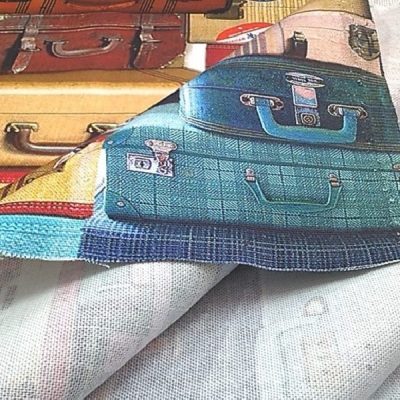 Tessuto per arredamento e tovaglie in cotone con fantasia con valigie bon voyage al metro 3
