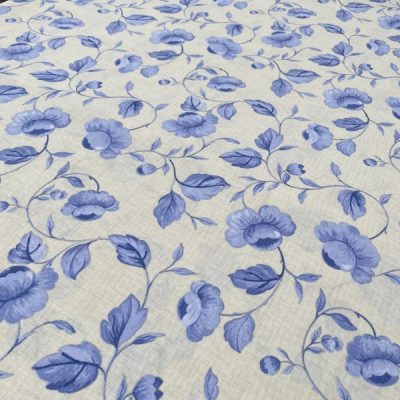 Tessuto d'arredo con motivo floreale viola su sfondo panna 1