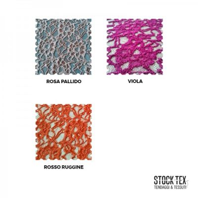 Galleria varianti Tessuto in pizzo con rose in rilievo colori lilla scuro, grigio freddo e arancione