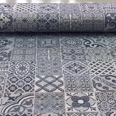 Tessuto per arredamento e tovaglie misto cotone effetto maiolica blu scuro e bianco 1