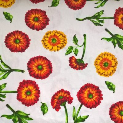Tessuto per tovaglie panama con fiori grandi girasoli al metro rossi e arancioni 1
