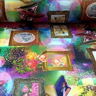 Tessuto per arredamento con fantasia a quadri con animali al metro multicolor 2