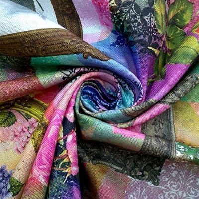 Tessuto per arredamento con fantasia a quadri con animali al metro multicolor arricciato 3