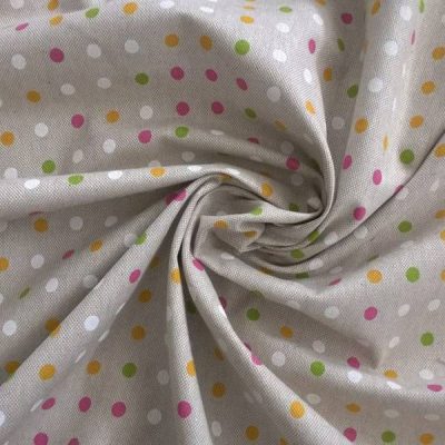 Tessuto per arredamento in misto cotone a piccoli pois multicolore su sfondo tortora 4 arricciato