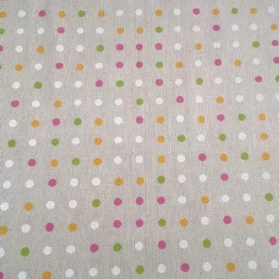 Tessuto per arredamento in misto cotone a piccoli pois multicolore su sfondo tortora 1