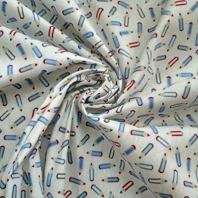 Tessuto per lenzuolato in cotone francese con fantasia a matite bianco rosso e blu 3