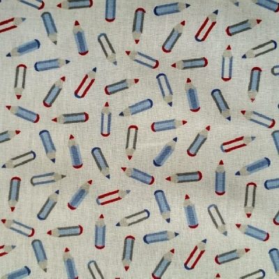 Tessuto per lenzuolato in cotone francese con fantasia a matite bianco rosso e blu 1