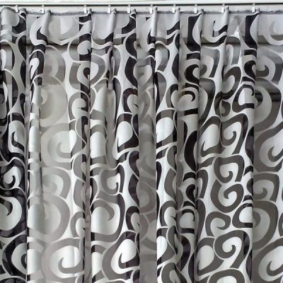 Tessuto per tende elegante devor&egrave; motivo spirali grigio e bianco tenda esposta 1