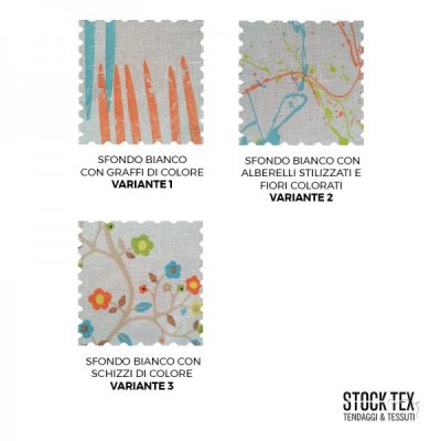 Galleria varianti prodotto Tessuto per tende con fantasia multicolor rustica su bianco al metro