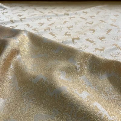 Tessuto per tovaglia runner con renne in lurex oro antico argento al metro due lati