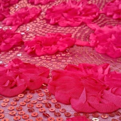 Velo elastico per abbigliamento con rose e paillettes rosso 1