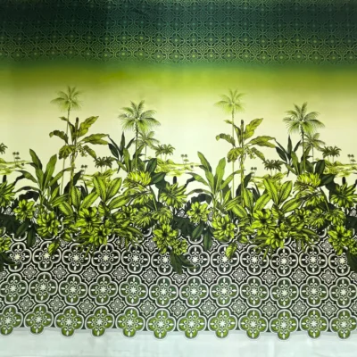 Tessuto in raso di seta made in italy con stampa tropicale 1
