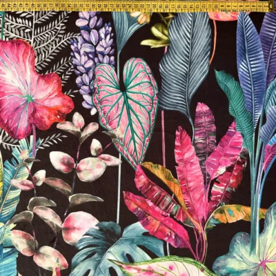 Velluto rasato da arredamento fantasia a fiori su sfondo nero 3