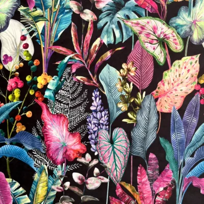 Velluto rasato da arredamento fantasia a fiori su sfondo nero 5