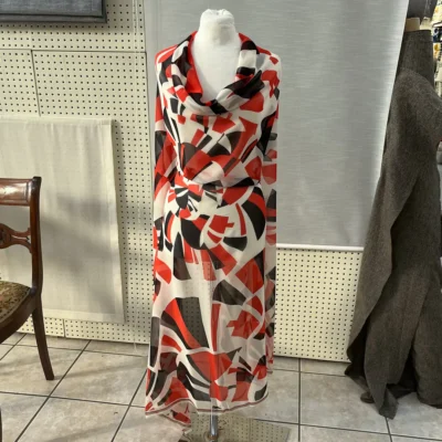 Voile di seta fantasia astratta arancione e nero su sfondo bianco - Alt.140 cm 2