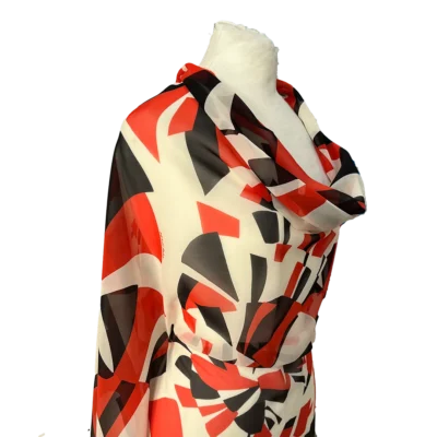 Voile di seta fantasia astratta arancione e nero su sfondo bianco - Alt.140 cm