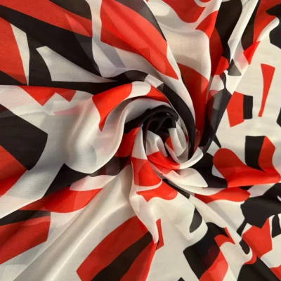 Voile di seta fantasia astratta arancione e nero su sfondo bianco - Alt.140 cm 4