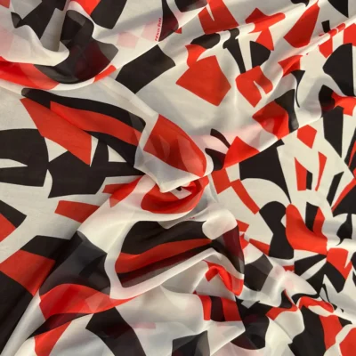 Voile di seta fantasia astratta arancione e nero su sfondo bianco - Alt.140 cm 3