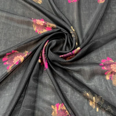 Chiffon di seta fantasia floreale con righe bianche 4