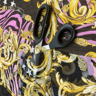 Scampolo di Voile in pura seta patchwork in rosa, nero e oro (3)