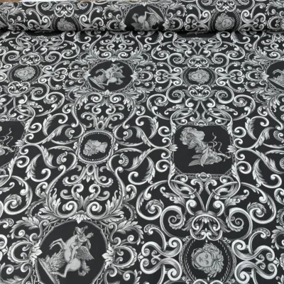 tessuto in puro cotone con stampa ghirigori e figure mitologich(